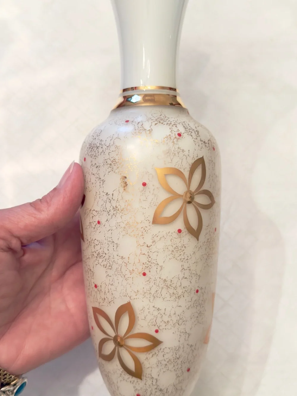 White opaline/milk glass gilded (gold) flower speckled gold stippling red dots